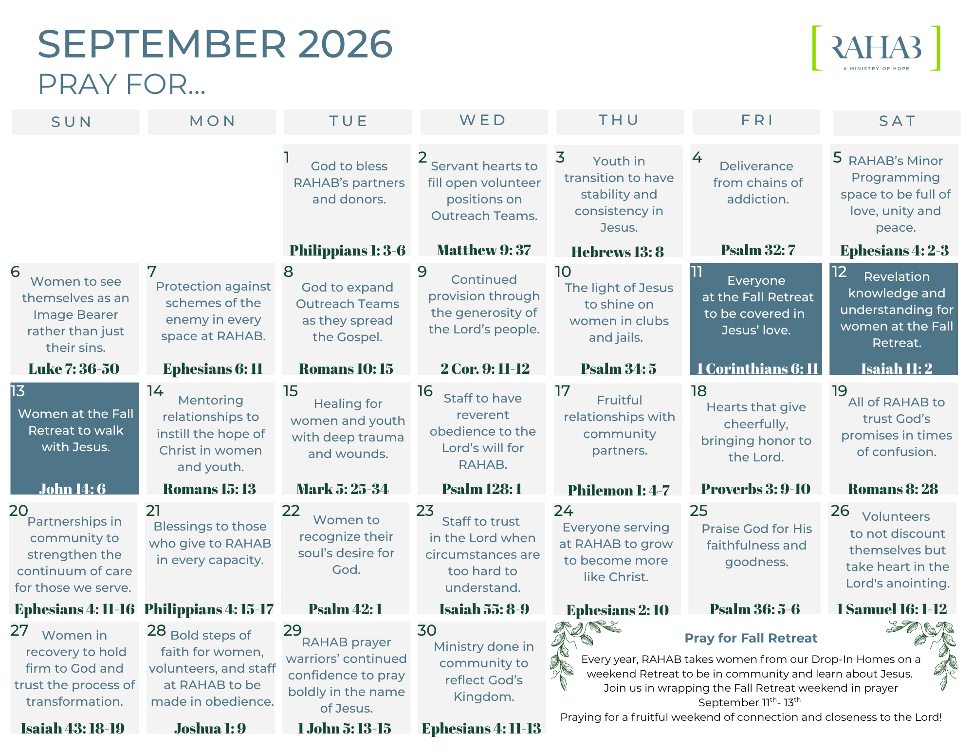 September Prayer Calendar Image